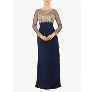 XScape 10P Formal Dress Gown Noah Illusion Long Sleeve Navy Gold Embroidered NWT